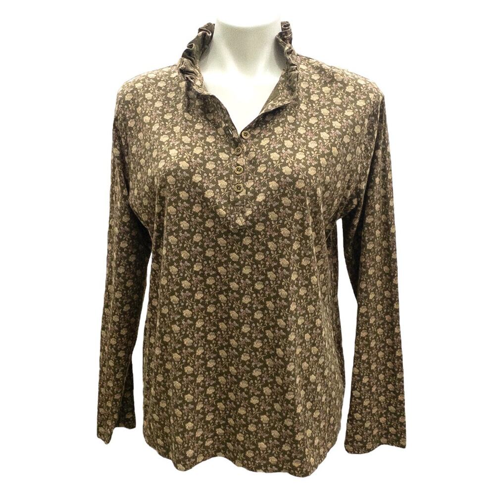 Lauren Ralph Lauren Floral Button-Down Women XL Tan Pink Ruffle Collar Cotton